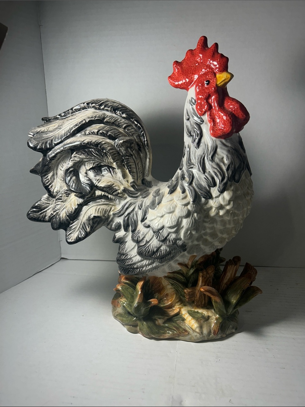Hand-Painted Ceramic Rooster Statue - White and Red  15 inches high Vintage